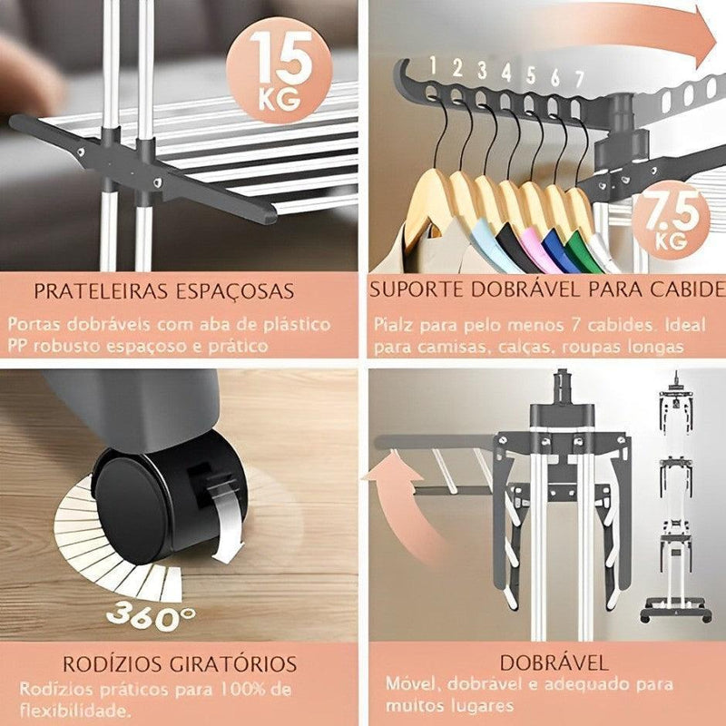 Varal de Chão Dobrável 3 Andares em Aço Inox + Cesto com 80 Prendedores (BRINDE)