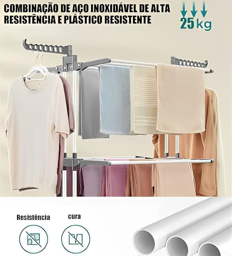 Varal de Chão Dobrável 3 Andares em Aço Inox + Cesto com 80 Prendedores (BRINDE)